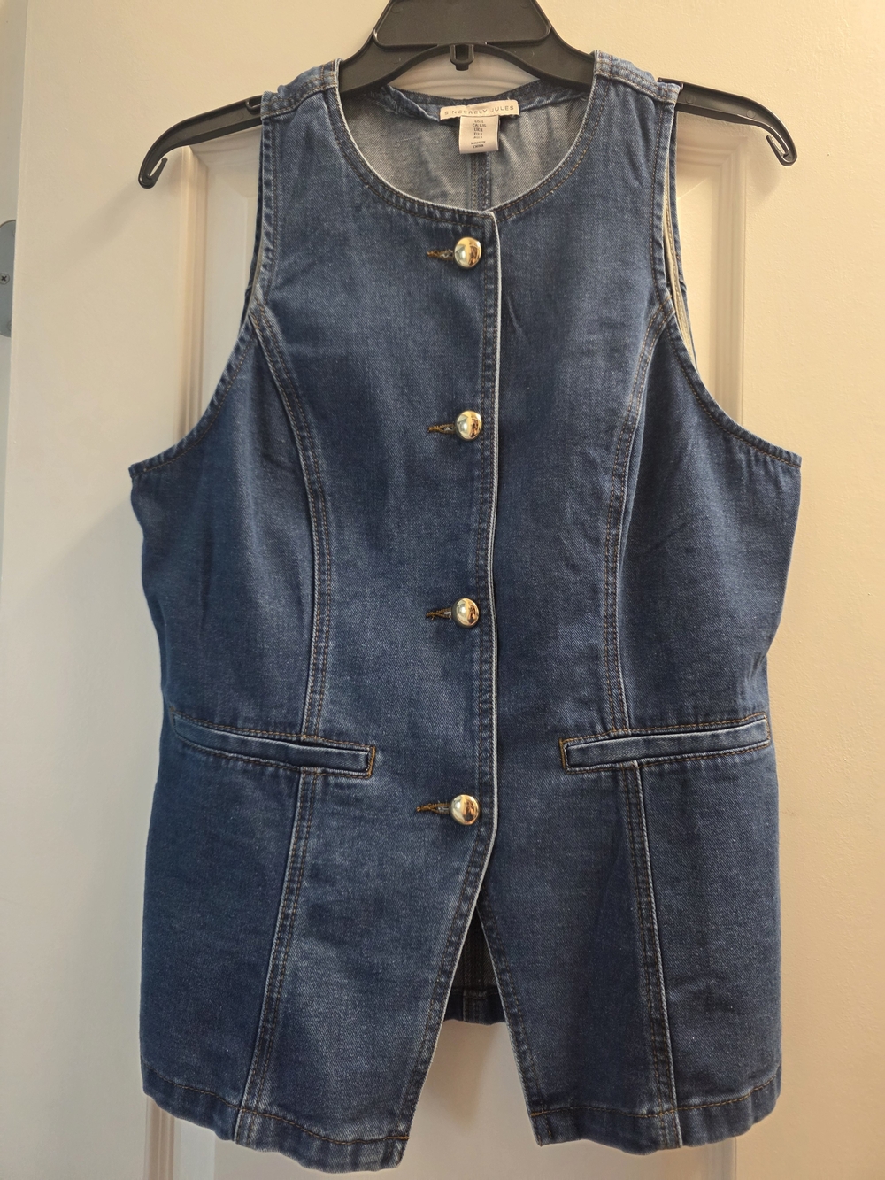Sincerely Jules Blue Denim Button-Front Vest with Gold Buttons